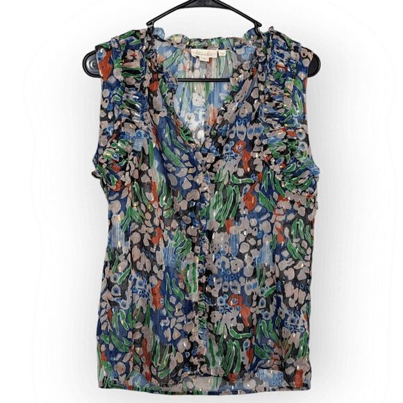 Anthropologie Let Me Be Metallic Sheer Floral Preppy Ruffle Career Top size XS - Picture 5 of 11